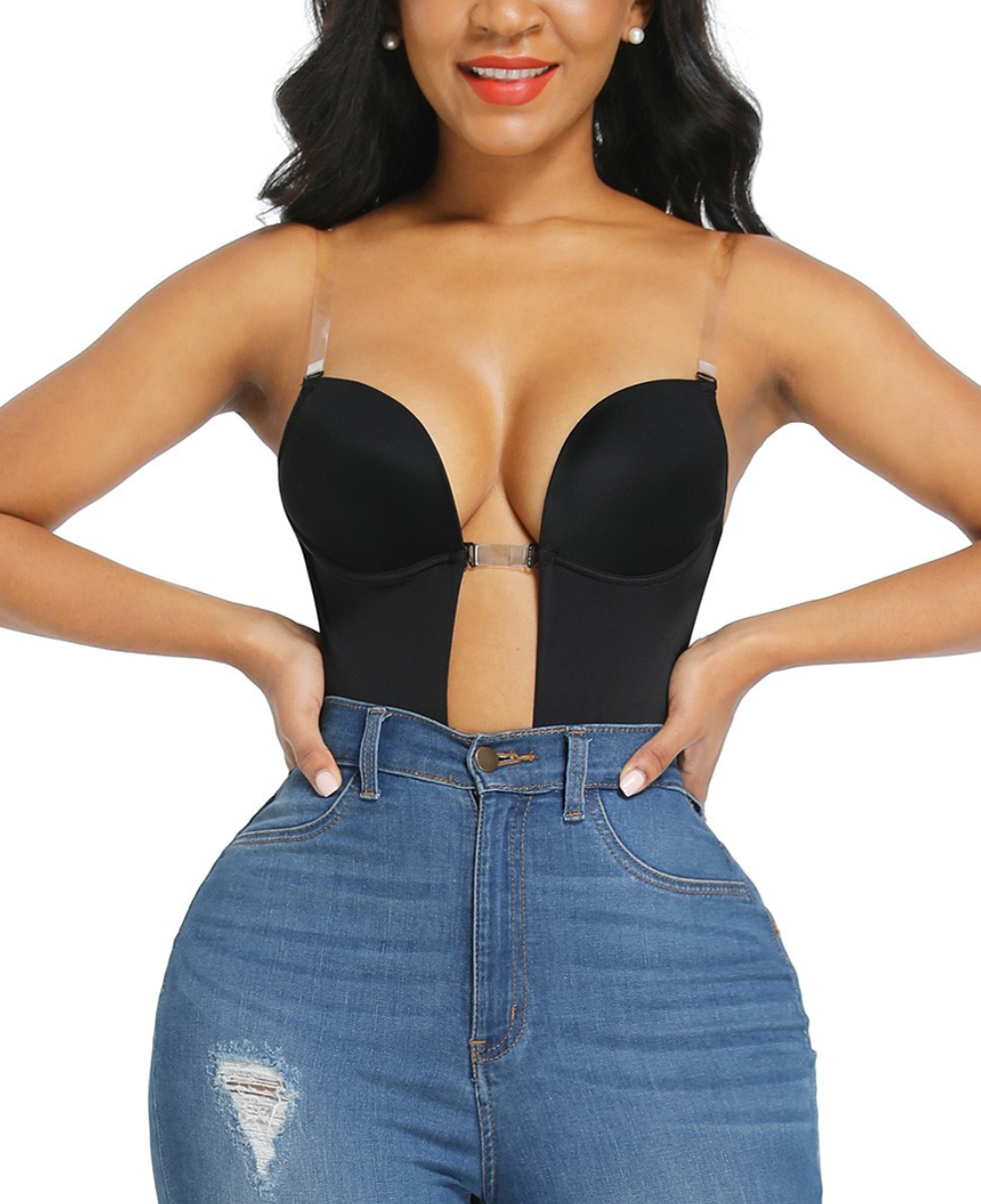 Solid Black Elegant Backless U Plunge Shapewear Seamless